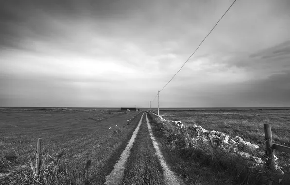 Road, posts, b/W, house, by Robin de Blanche, Middle of Somewhere