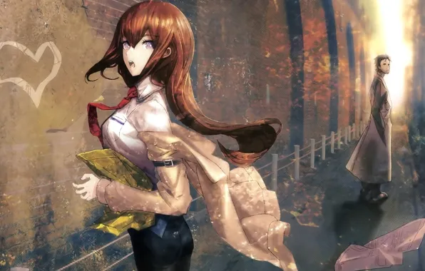 Girl, the city, wall, art, guy, heart, the fence, steins gate
