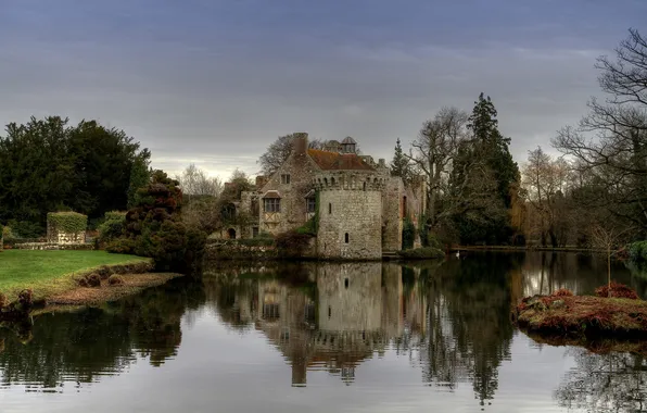 The sky, water, trees, landscape, nature, reflection, castle