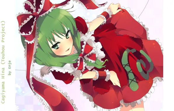 Green hair, Kagiyama Hina, looking up, red bow, Touhou Project, Project East, by Enje