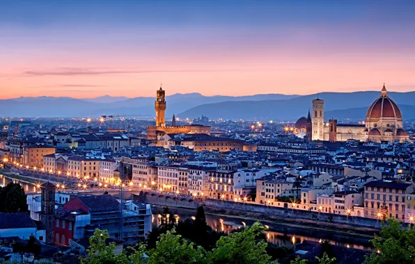 Sunset, nature, the city, lights, building, home, the evening, Italy