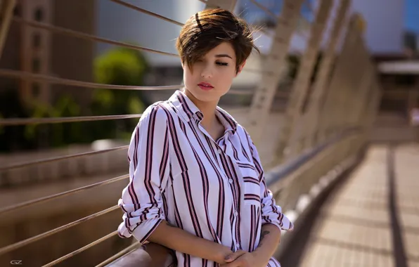 Picture the sun, bridge, pose, model, portrait, makeup, hairstyle, shirt