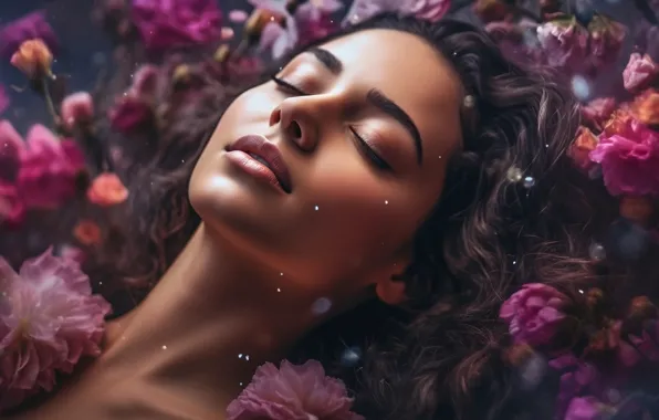 Flowers, brunette, lies, pink, closed eyes, AI art, neural network