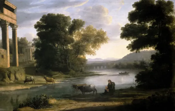 Animals, river, picture, Claude Lorrain, Landscape with a Shepherd