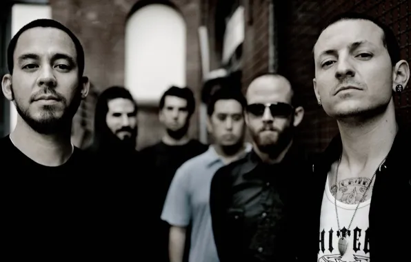 Picture group, linkin park, tinted photo, Mike Shinoda, Chester