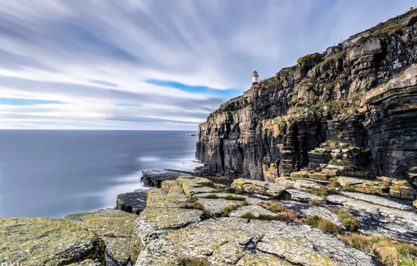 Picture sea, the sky, clouds, stones, rocks, shore, lighthouse, horizon