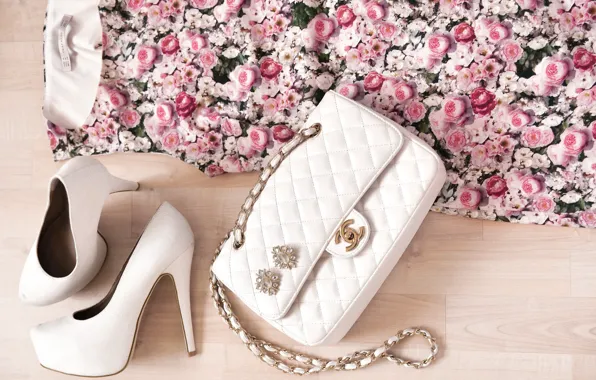 Picture flowers, style, clothing, roses, dress, shoes, bag, white
