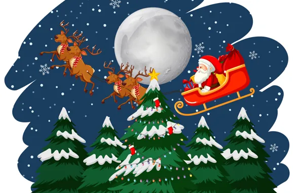 Winter, Night, Snow, The moon, Christmas, New year, Santa Claus, Deer