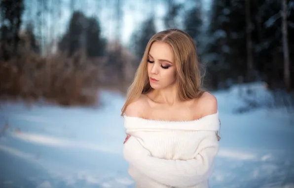 Picture winter, snow, trees, background, model, portrait, makeup, hairstyle