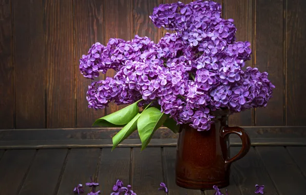 Picture leaves, table, bouquet, lilac