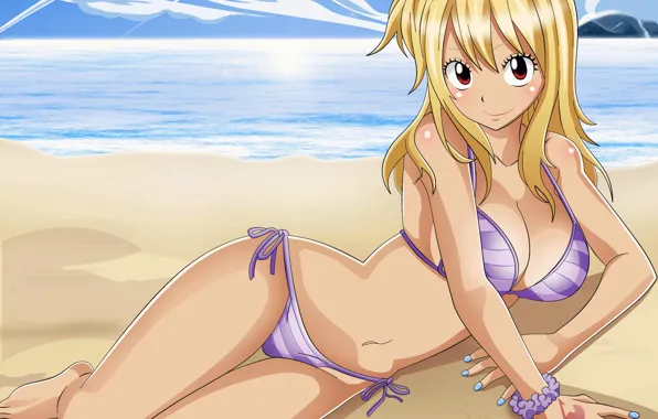 Girl, sexy, cleavage, beach, long hair, sea, boobs, anime