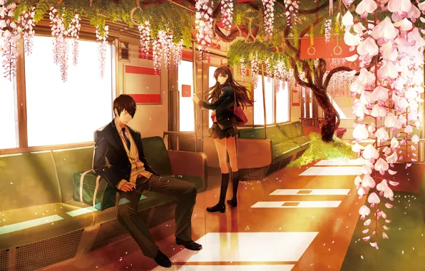 Picture girl, trees, flowers, metro, petals, headphones, pair, Anime