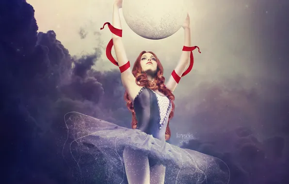 The sky, girl, clouds, ball, art, ballerina, red ribbons
