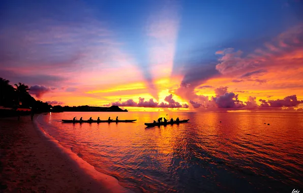 Sea, clouds, sunset, people, boats, swimming, kayak