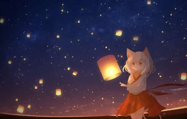 Cat, the sky, night, girl, lanterns