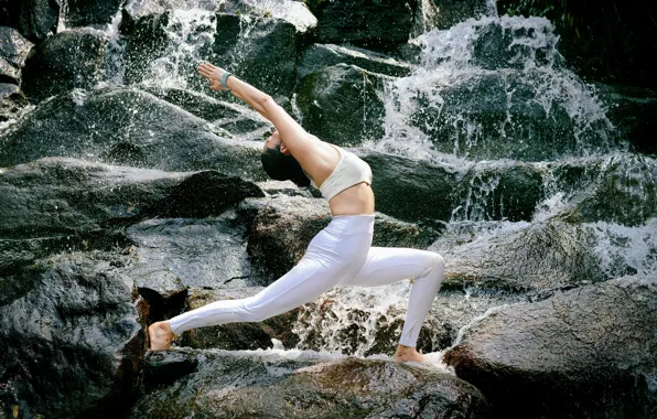 Water, girl, nature, pose, stones, gymnastics, yoga, Asian