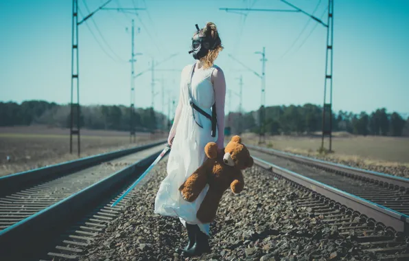 Girl, mood, toy, rails, bear, railroad, gas mask, Teddy bear