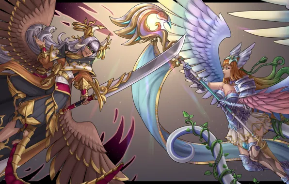 Girl, wings, sword, warrior, rod, Joan of Arc, Dragalia, Marishiten