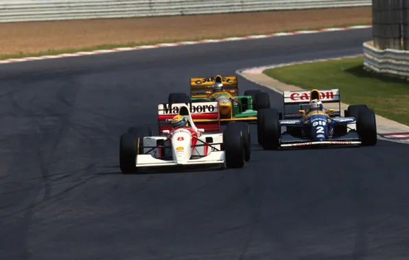 Picture race, overtaking, Michael Schumacher, Alain Prost, Ayrton Senna, F-1, balide, Grand Prix South Africa