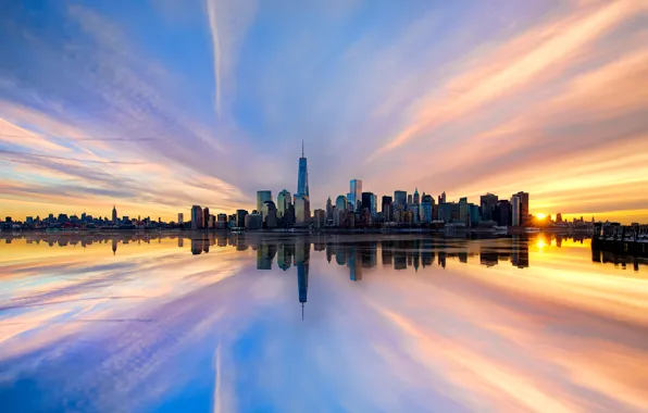 The sky, the sun, clouds, sunset, the city, reflection, shore, building