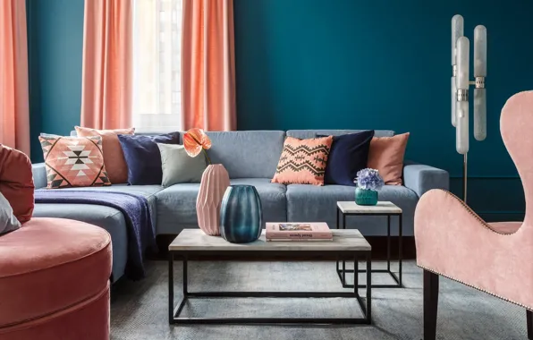 Design, style, interior, palette, sofa, living room, color combination, blue and pink