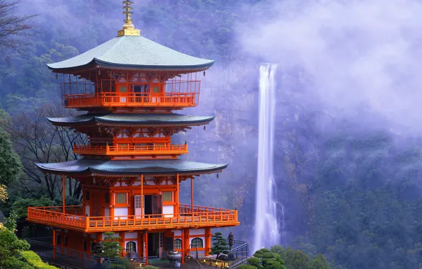 Picture waterfall, Japan, pagoda, Japan, Kyoto, Daygo-ji