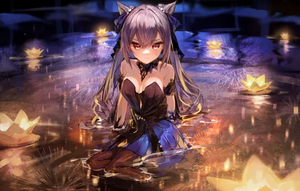 Water, girl, night, Lotus, fireworks, ears, Genshin Impact, Keqing