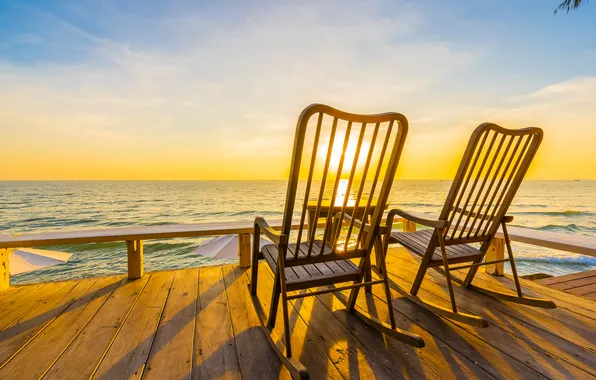 Sand, sea, beach, summer, the sky, shore, vacation, chaise