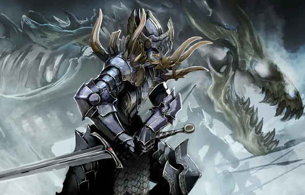 Dragon, sword, armor, Skeleton