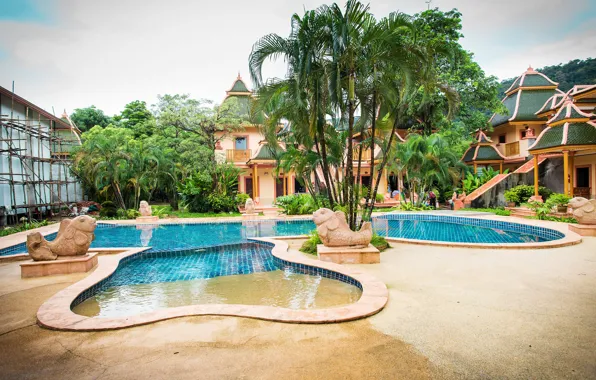 Picture greens, trees, design, tropics, palm trees, Villa, pool, sculpture