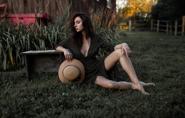 Grass, girl, pose, dress, legs, Andrey Frolov