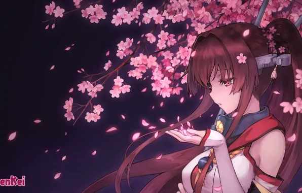 Picture girl, the wind, petals, Sakura, gesture, art, kantai collection, yamato super battleship