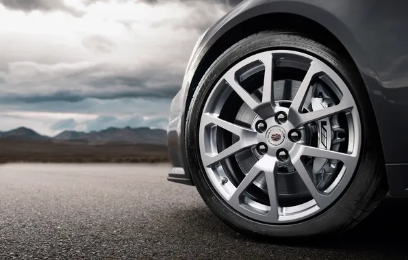Picture asphalt, mountains, clouds, wheel, disk, cadillac, tire