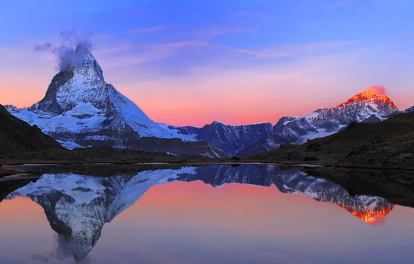 The sky, snow, sunset, mountains, reflection