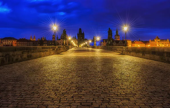 Light, night, the city, pavers, Prague, Czech Republic, lights, architecture