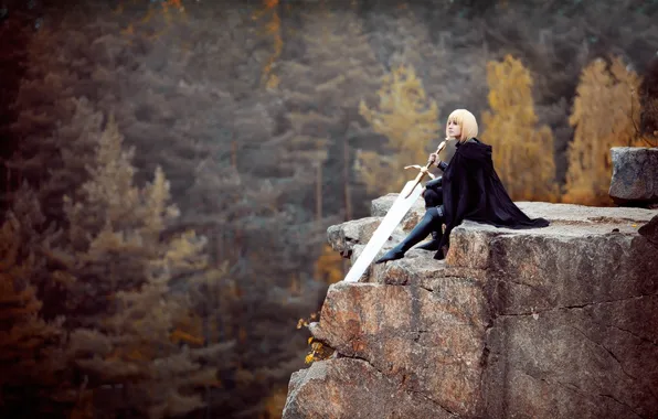 Forest, girl, trees, rocks, sword, blonde, cosplay