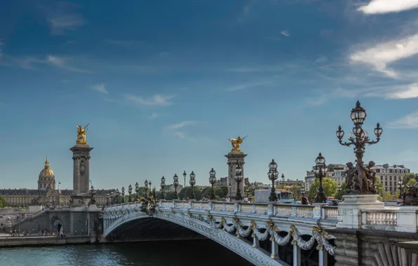 The sky, the sun, bridge, river, France, Paris, home, lights