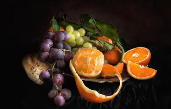 Orange, grapes, fruit, still life
