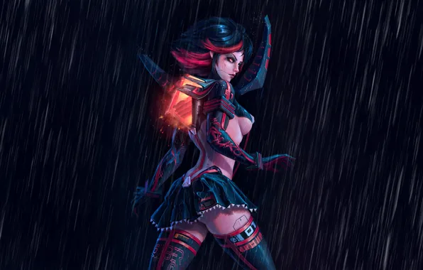 Girl, Robot, Rain, Style, Fantasy, Skirt, Art, Robot