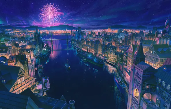 Picture the sky, clouds, night, the city, river, ship, fireworks