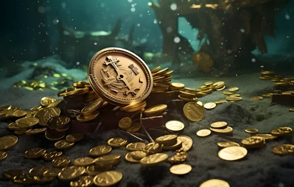Sea, gold, money, coins, treasure, the bottom of the sea, AI art, neural network