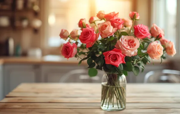 Flowers, table, Board, roses, bouquet, kitchen, Bank, red