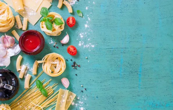 Pepper, tomatoes, blue background, garlic, flour, pasta, Basil