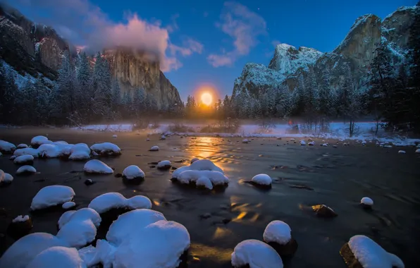 Picture winter, forest, snow, mountains, river, the moon, USA, Yosemite national Park