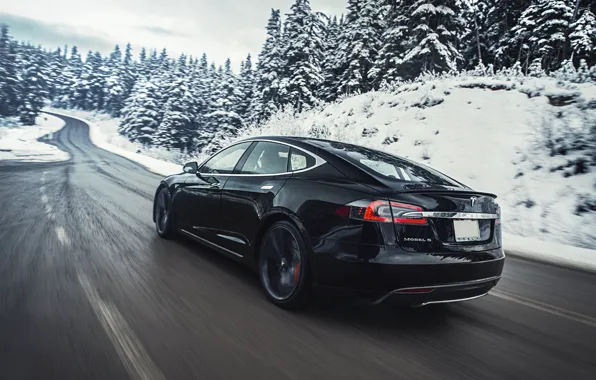 Snow, mountains, movement, track, electric car, Tesla Model S