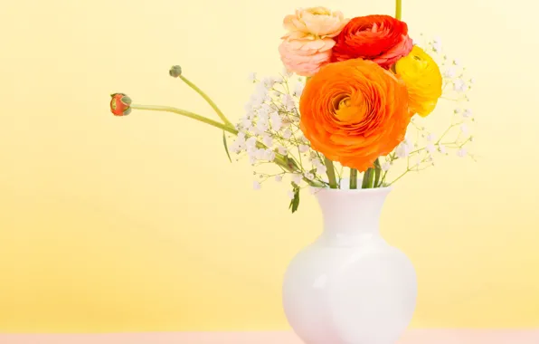 Picture flowers, bouquet, vase, ranunculus