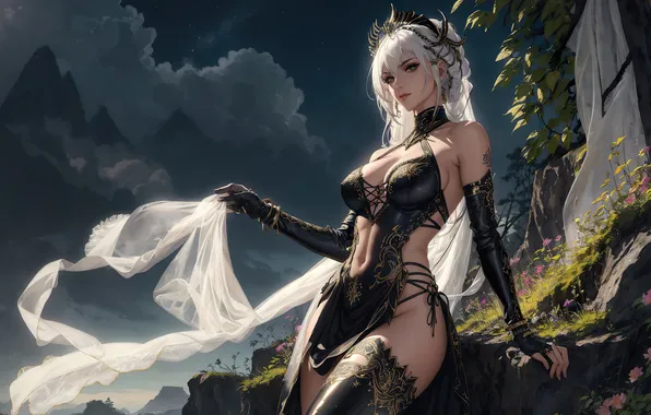 Girl, fantasy, nature, anime, art, flowers, rocks, painting