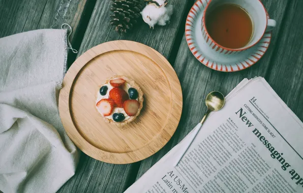 Berries, table, tea, Breakfast, pie, spoon, mug, newspaper