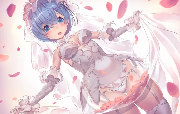 Stockings, petals, dress, art, rem, re zero kara hajime chip isek or seikatsu
