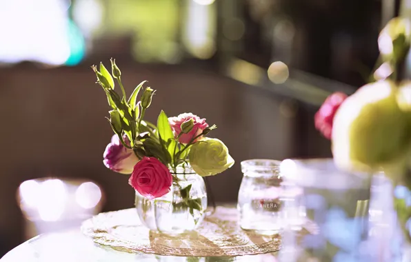 Light, flowers, table